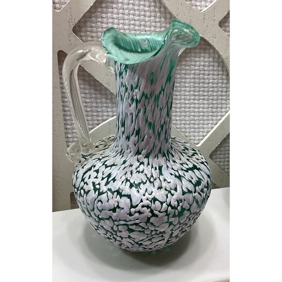 Art Pilgrim Glass Vase & Mini Pitcher Pair Green White Speckled Clear Handle - Picture 3 of 10